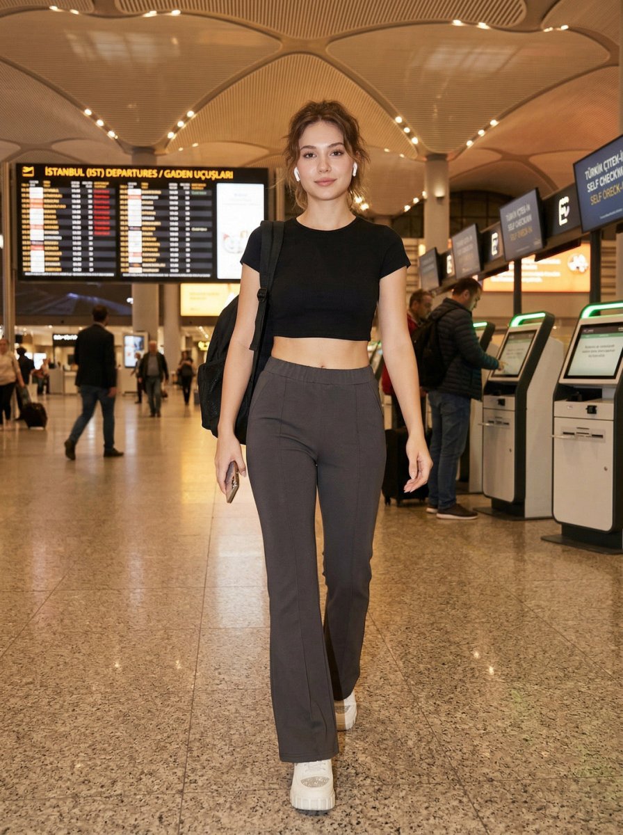 A woman wears 98degreenorth Women’s Charcoal Flared Bootcut Stretchable Trousers as she walks through an airport terminal.