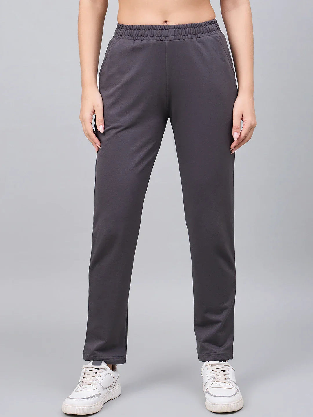 Women’s Charcoal Grey Cotton Stretchable Slim Fit Trackpants – High Waist Straight Leg Casual & Lounge Wear Pants India