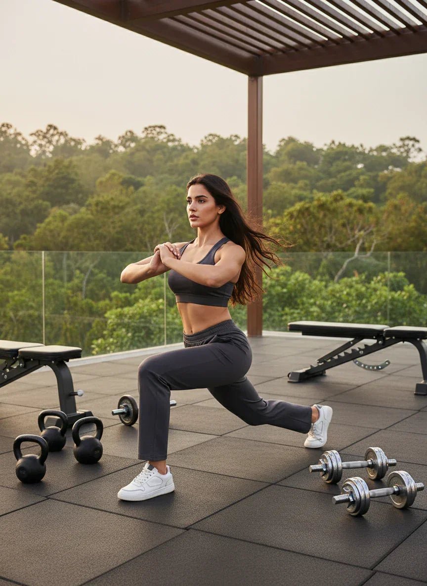 A woman lunges outdoors surrounded by weights, wearing 98degreenorth Women’s Charcoal Grey Slim Fit Trackpants.