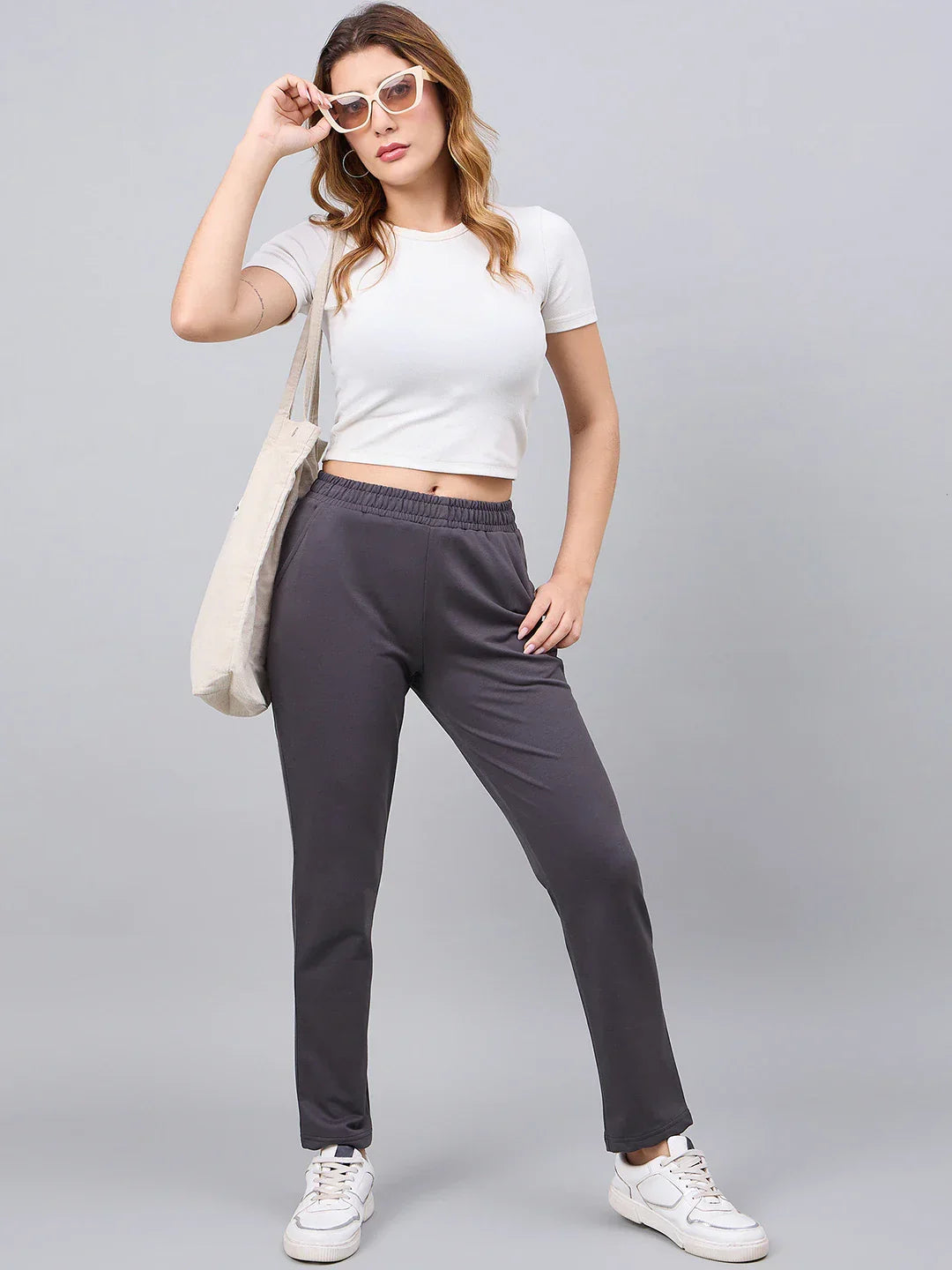 Women’s Charcoal Grey Cotton Stretchable Slim Fit Trackpants – High Waist Straight Leg Casual & Lounge Wear Pants India