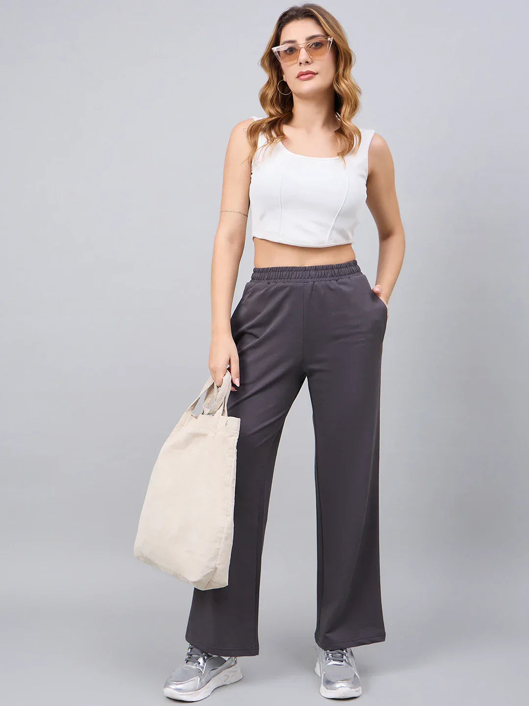 Women’s Charcoal Grey Cotton Stretchable Trackpants – Slim Fit High Waist Casual & Office Wear Pants India
