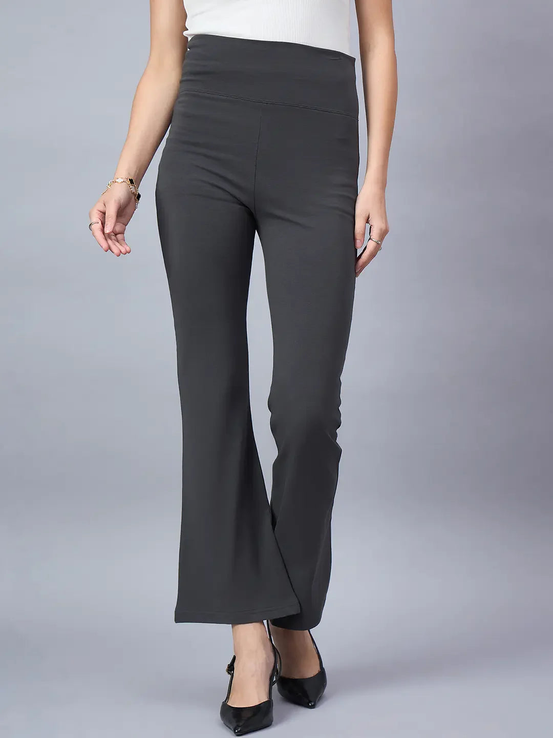Women’s Charcoal Grey Stretch Fit Trousers by 98 Degree North – Modern Versatile Style for Workdays & Evenings in India