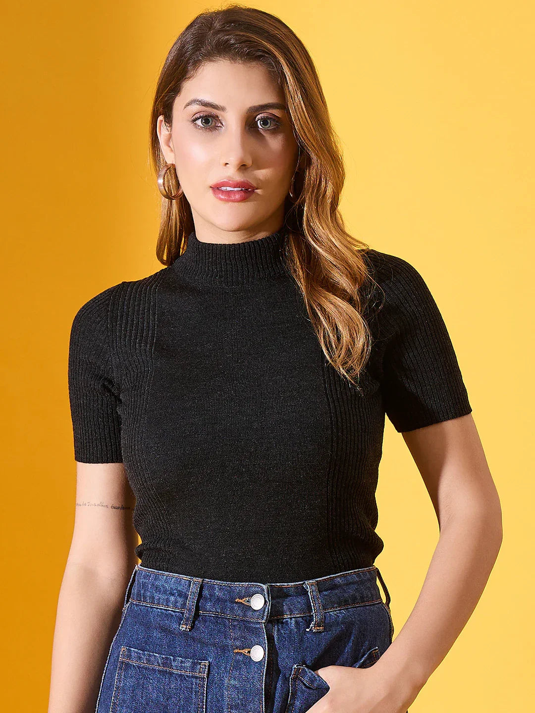 Women’s Charcoal Grey Stretchable Ribbed Turtle Neck Sweater – Slim Fit Half Sleeve Winter Knitwear for Smart Casual & Office Looks India