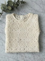 98degreenorth Women's Crochet Lace Crop Top in off white, short sleeves, scalloped hem—fashion India.