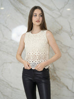 98degreenorth Women's Crochet Lace Sleeveless Top in beige with scalloped hem—perfect for your summer style.