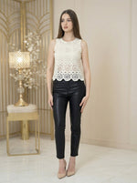 98degreenorth Women's Crochet Lace Sleeveless Top in beige, with a scalloped hem—summer style made easy.