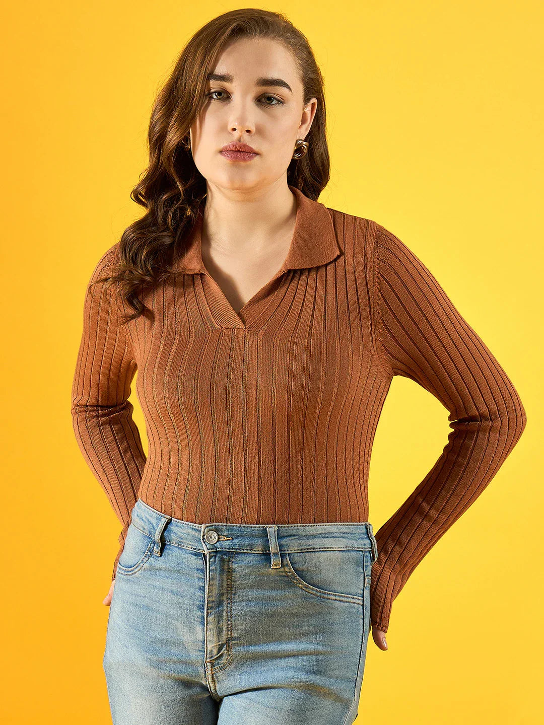 Women’s Dark Camel Ribbed Collar Neck Sweater – Classic Winter Top India