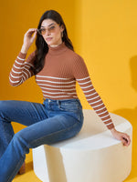 Woman in 98degreenorth Dark Camel Ribbed Turtleneck Sweater adjusts sunglasses on a white platform against yellow.