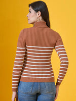 Woman with long dark hair in a 98degreenorth Dark Camel Ribbed Turtleneck Sweater, facing away.