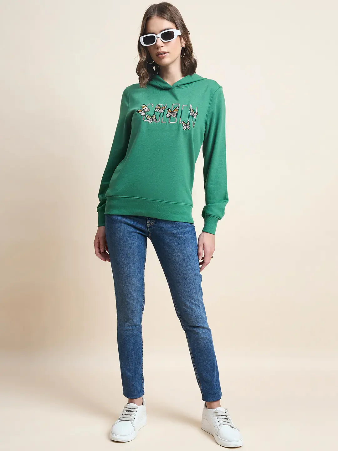 Women’s Dark Green Hoodie Sweatshirt with Butterfly Embroidery – Everyday Casual Wear
