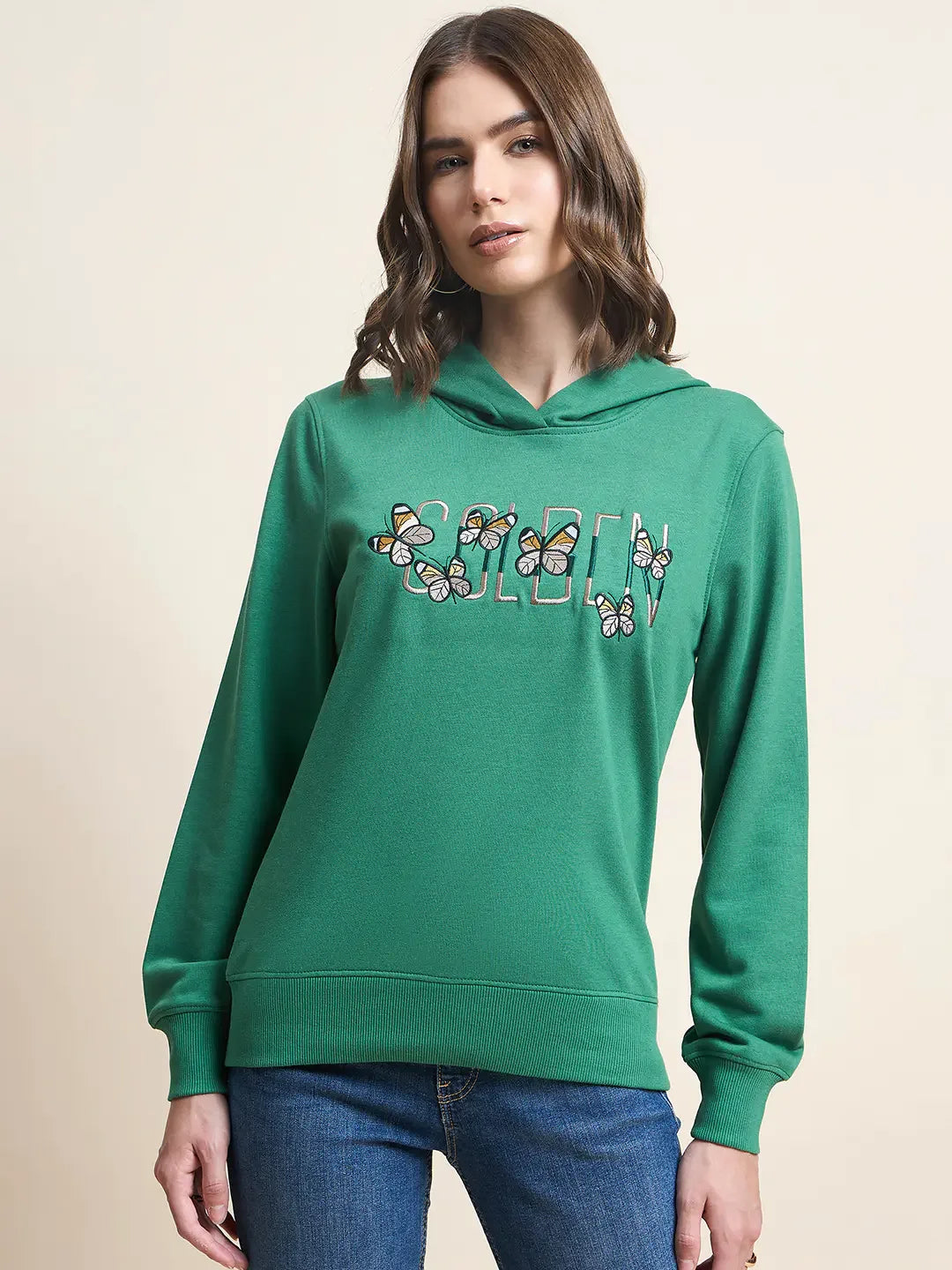 Women’s Dark Green Hoodie Sweatshirt with Butterfly Embroidery – Everyday Casual Wear