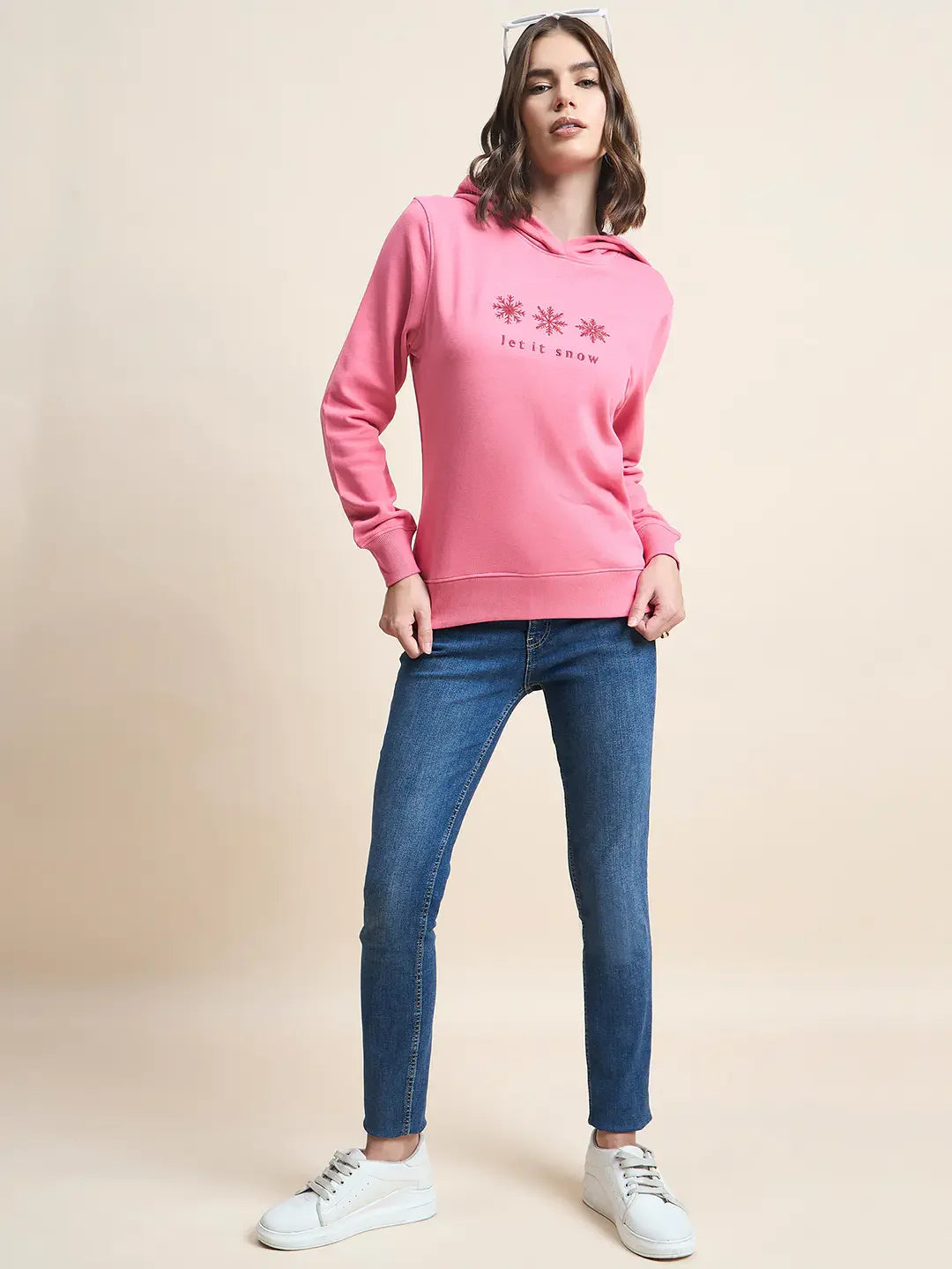 Women’s Dark Pink Hoodie Sweatshirt with Snowflake Embroidery – Festive Winterwear Style
