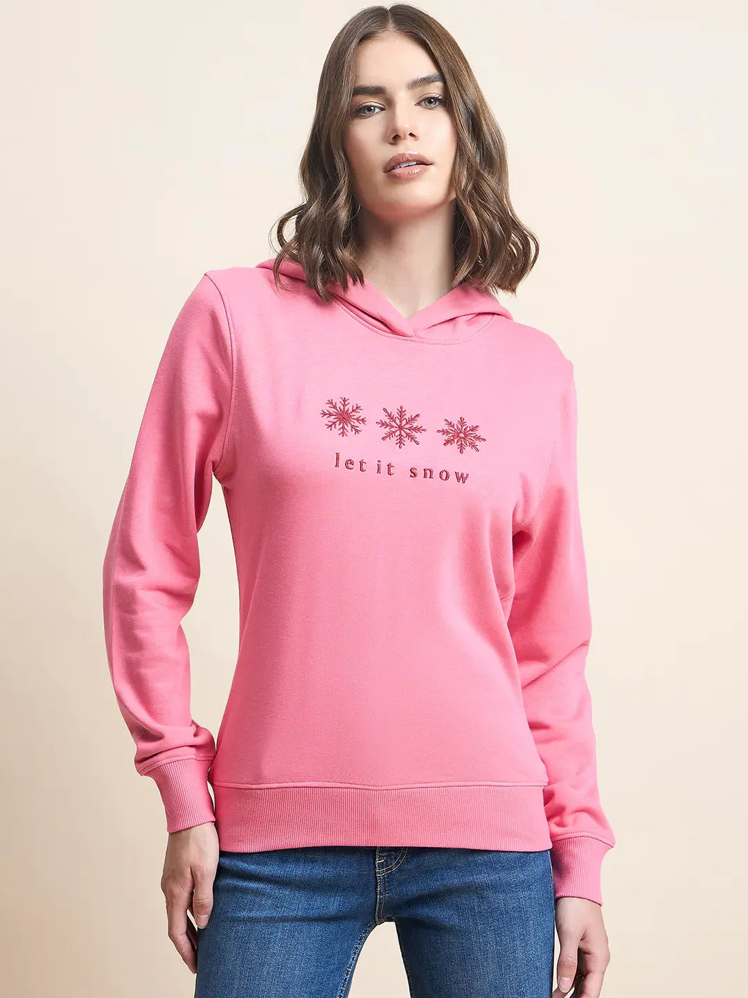 Women’s Dark Pink Hoodie Sweatshirt with Snowflake Embroidery – Festive Winterwear Style