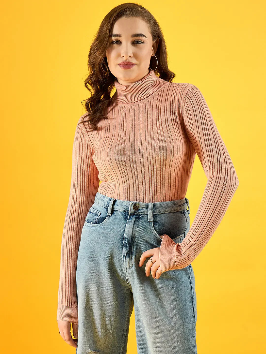 Women’s Dark Pink Ribbed Turtleneck Stretchable Sweater – Stylish Slim Fit High Neck Pullover – Trendy Winter Outfit for Indian Women