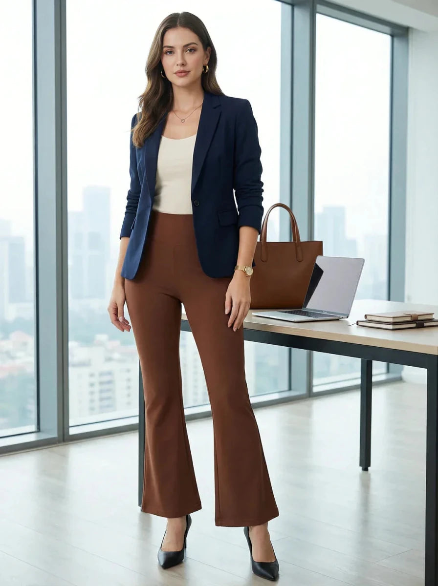 A woman in 98degreenorth’s dark rust stretchable trousers works in a modern office with a city view.
