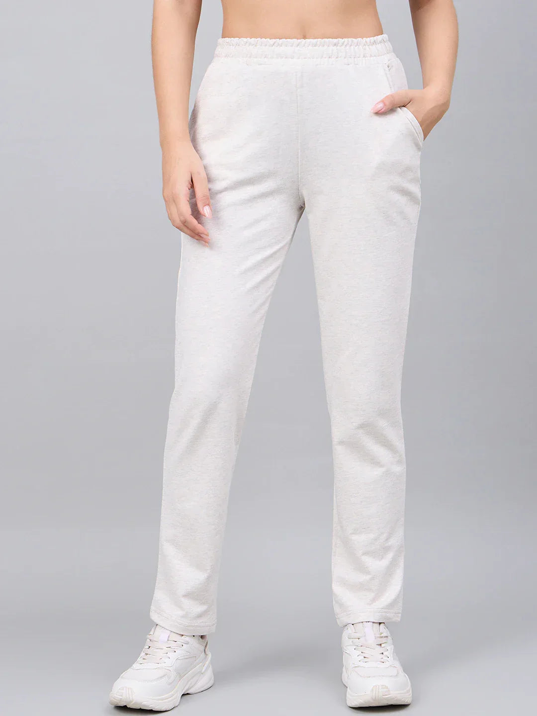 Women’s Ecru Cotton Stretchable Slim Fit Trackpants – High Waist Straight Leg Smart Casual & Everyday Wear India