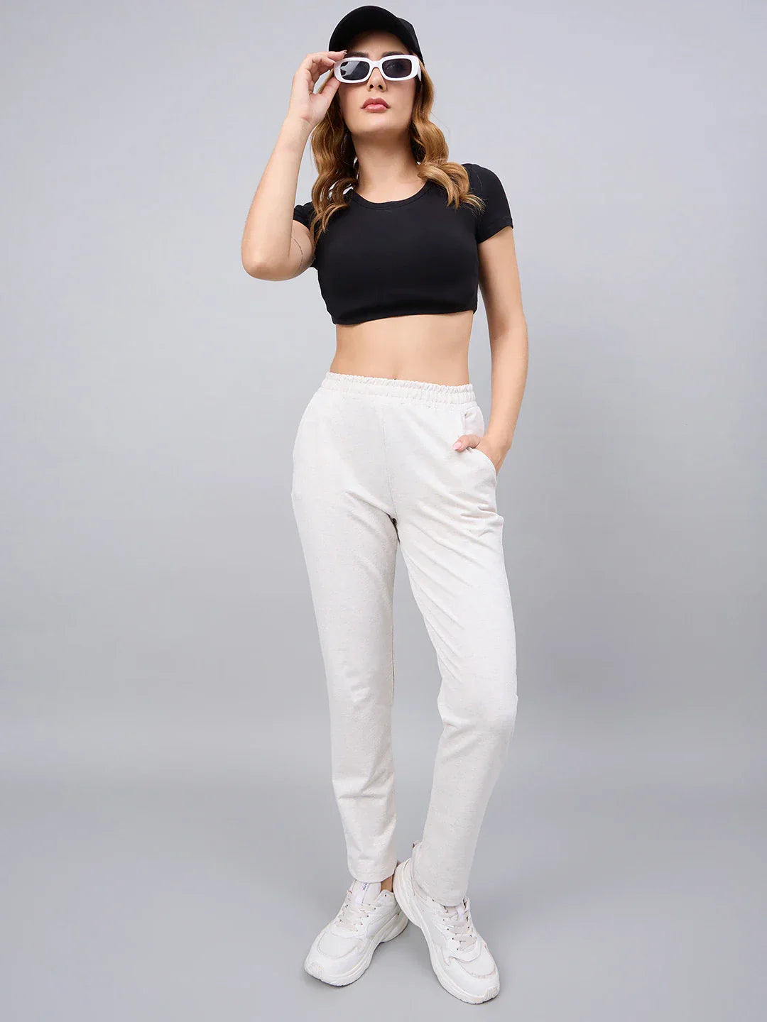 Women’s Ecru Cotton Stretchable Slim Fit Trackpants – High Waist Straight Leg Smart Casual & Everyday Wear India
