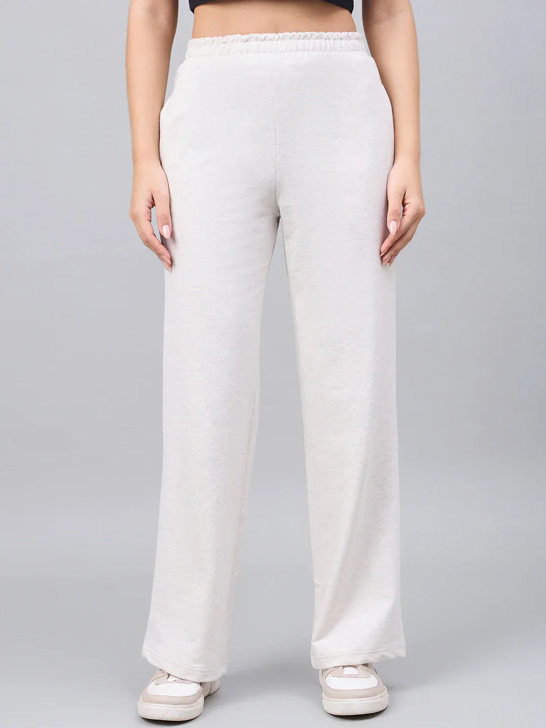 Women’s Ecru Cotton Stretchable Trackpants – Straight Fit Elastic Waist Casual Travel & Lounge Pants India