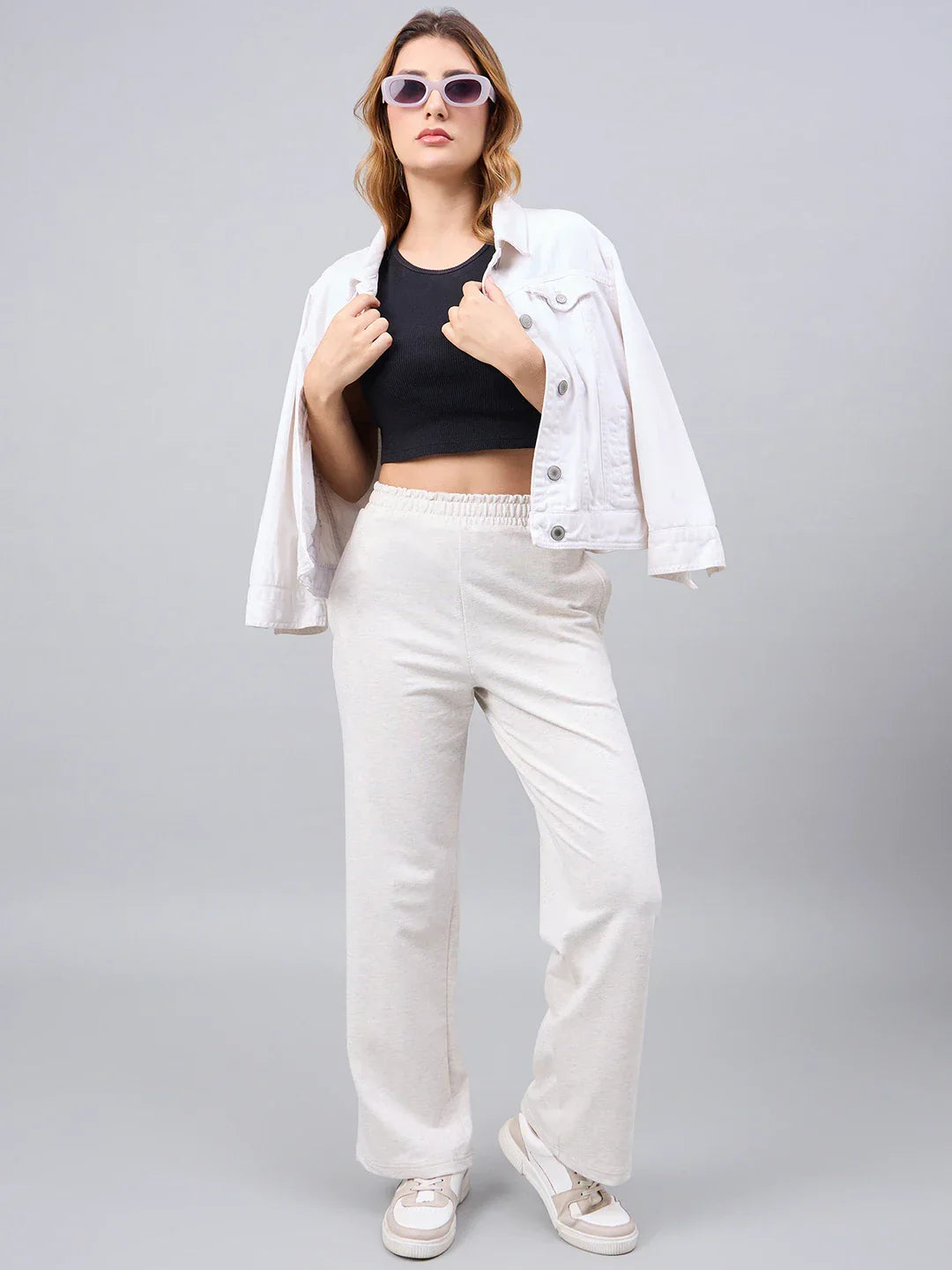 Women’s Ecru Cotton Stretchable Trackpants – Straight Fit Elastic Waist Casual Travel & Lounge Pants India