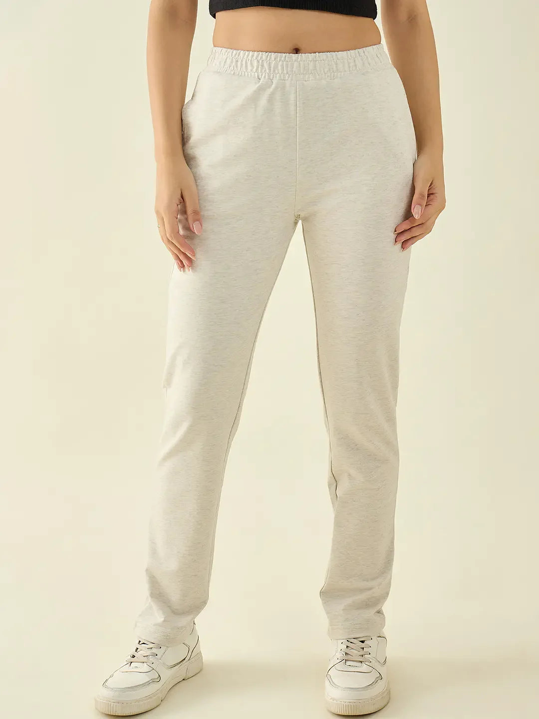 Women’s Ecru Regular Fit Cotton Stretchable Trousers | Neutral Minimalist Pants