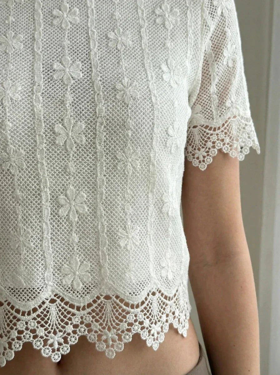 98degreenorth Women's Embroidered Lace Crop Top in beige with floral patterns and scalloped hem, short sleeves.