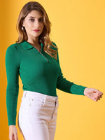 Woman in 98degreenorth’s Women’s Emerald Green Ribbed Collar Zipper Sweater poses against a yellow background.