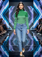 A model showcases the 98degreenorth Women’s Fern Green Ribbed Knit Turtleneck Sweater with blue jeans on the runway.
