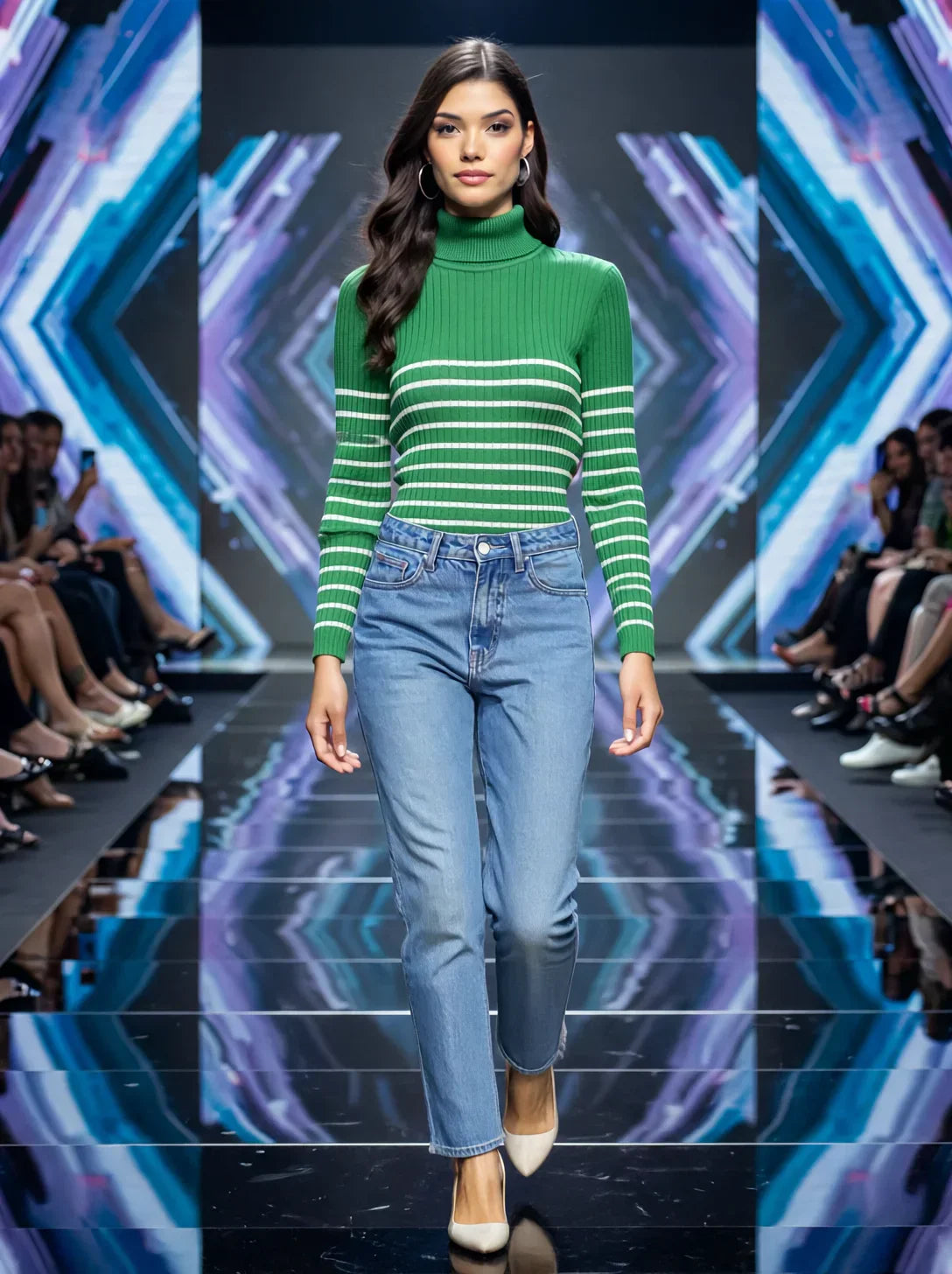 A model showcases the 98degreenorth Women’s Fern Green Ribbed Knit Turtleneck Sweater with blue jeans on the runway.
