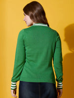 98degreenorth Women’s Fern Green Striped Collar Knit Sweater, long sleeve polo pullover, shown against a yellow background.