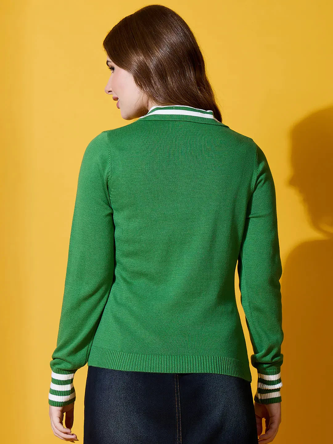98degreenorth Women’s Fern Green Striped Collar Knit Sweater, long sleeve polo pullover, shown against a yellow background.