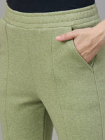 Close-up of 98degreenorth Women’s Flared Bootcut Fleece Sweatpants in Pista Melange, soft cozy streetwear for winter.