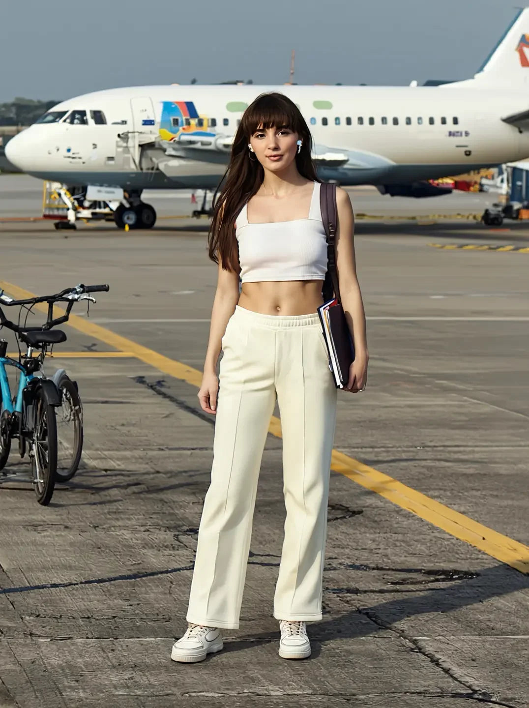 Woman in 98degreenorth Butter Yellow Flared Sweatpants stands on an airport tarmac with a bike and plane behind her.