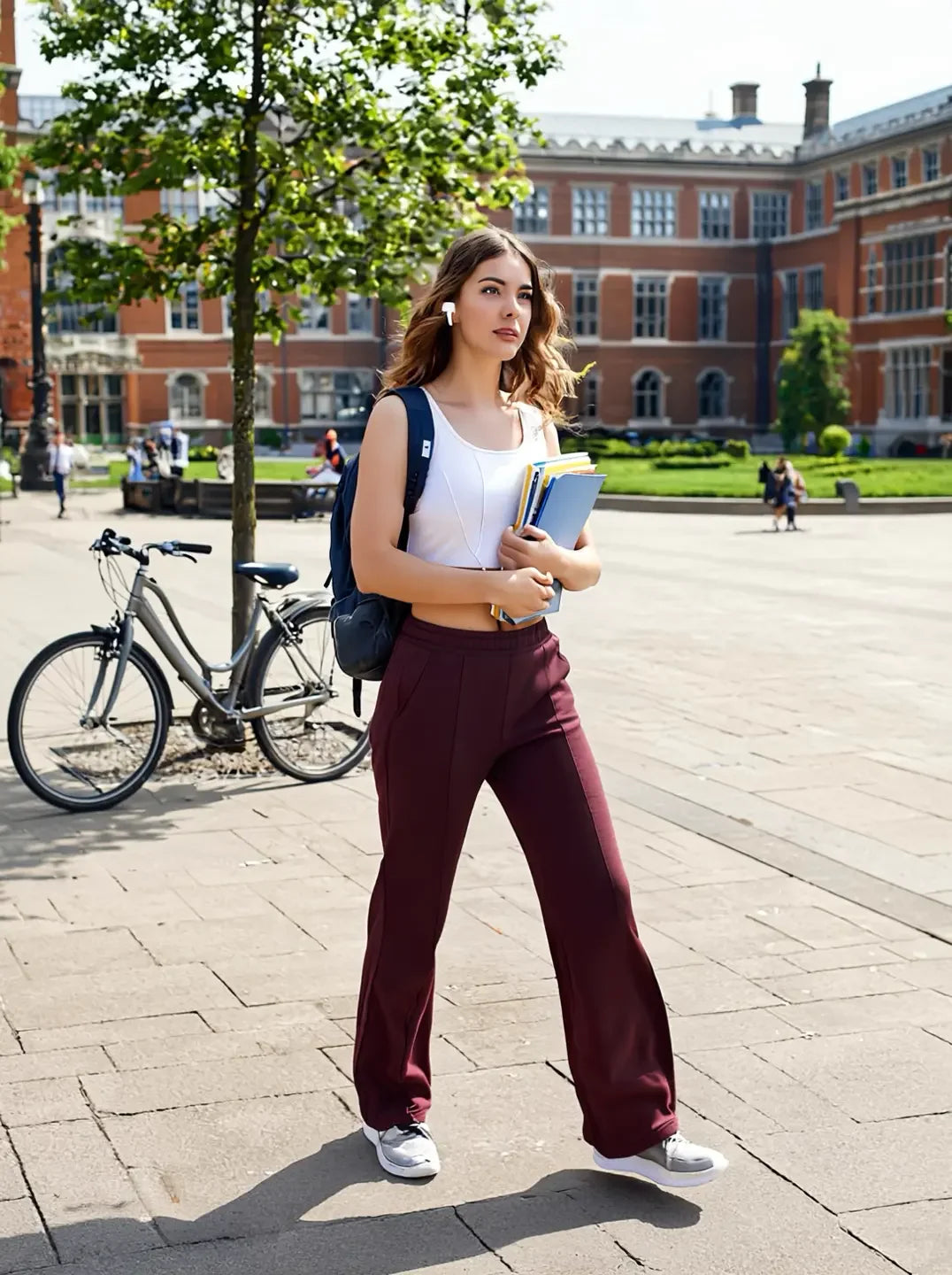 Young woman in 98degreenorth Women’s Flared Sweatpants in Dark Wine walks campus path near bike and brick buildings.