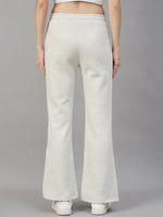 Model wears 98degreenorth Women’s Flared Sweatpants in Ecru Off White, shown from the back against a plain background.