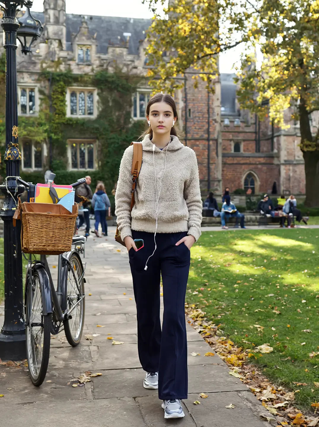 A woman in 98degreenorth Women’s Flared Sweatpants in Navy Melange walks on campus with a bike and historic building behind.