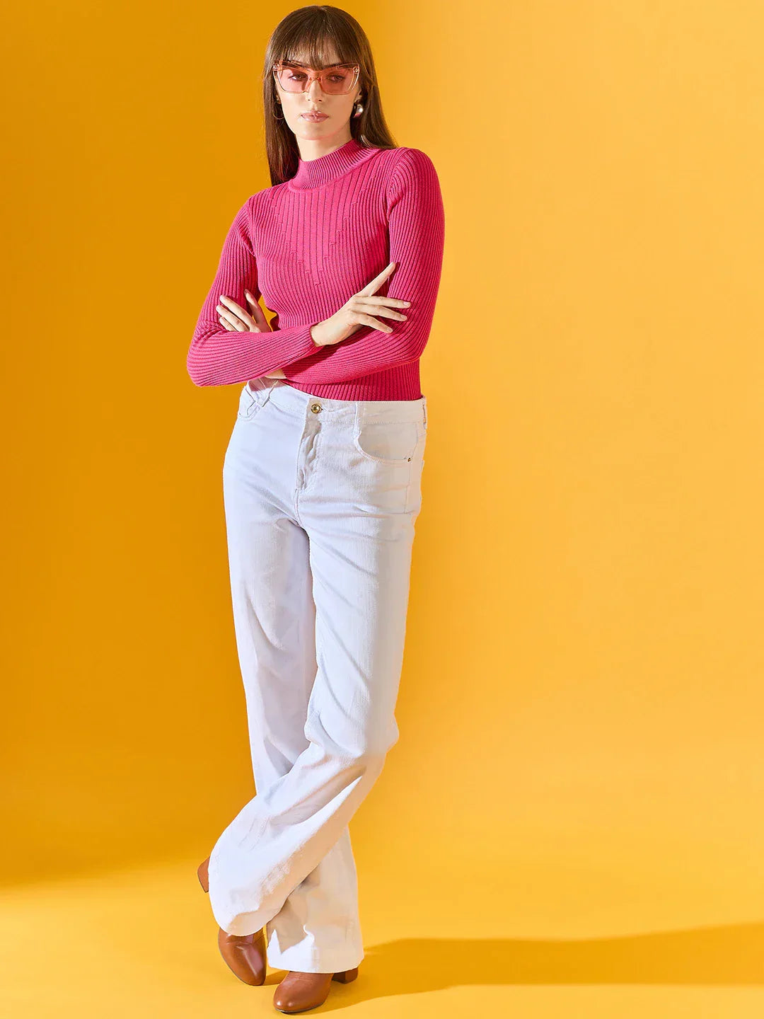 Women’s Fuchsia Pink Ribbed Turtle Neck Stretchable Sweater – Slim Fit Winter Knit Top Casual & Workwear India