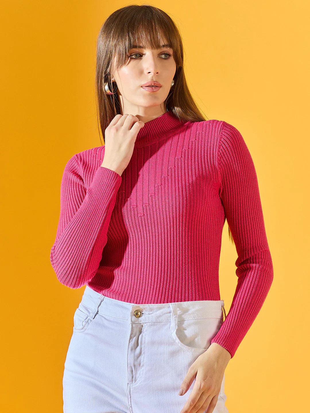 Women’s Fuchsia Pink Ribbed Turtle Neck Stretchable Sweater – Slim Fit Winter Knit Top Casual & Workwear India