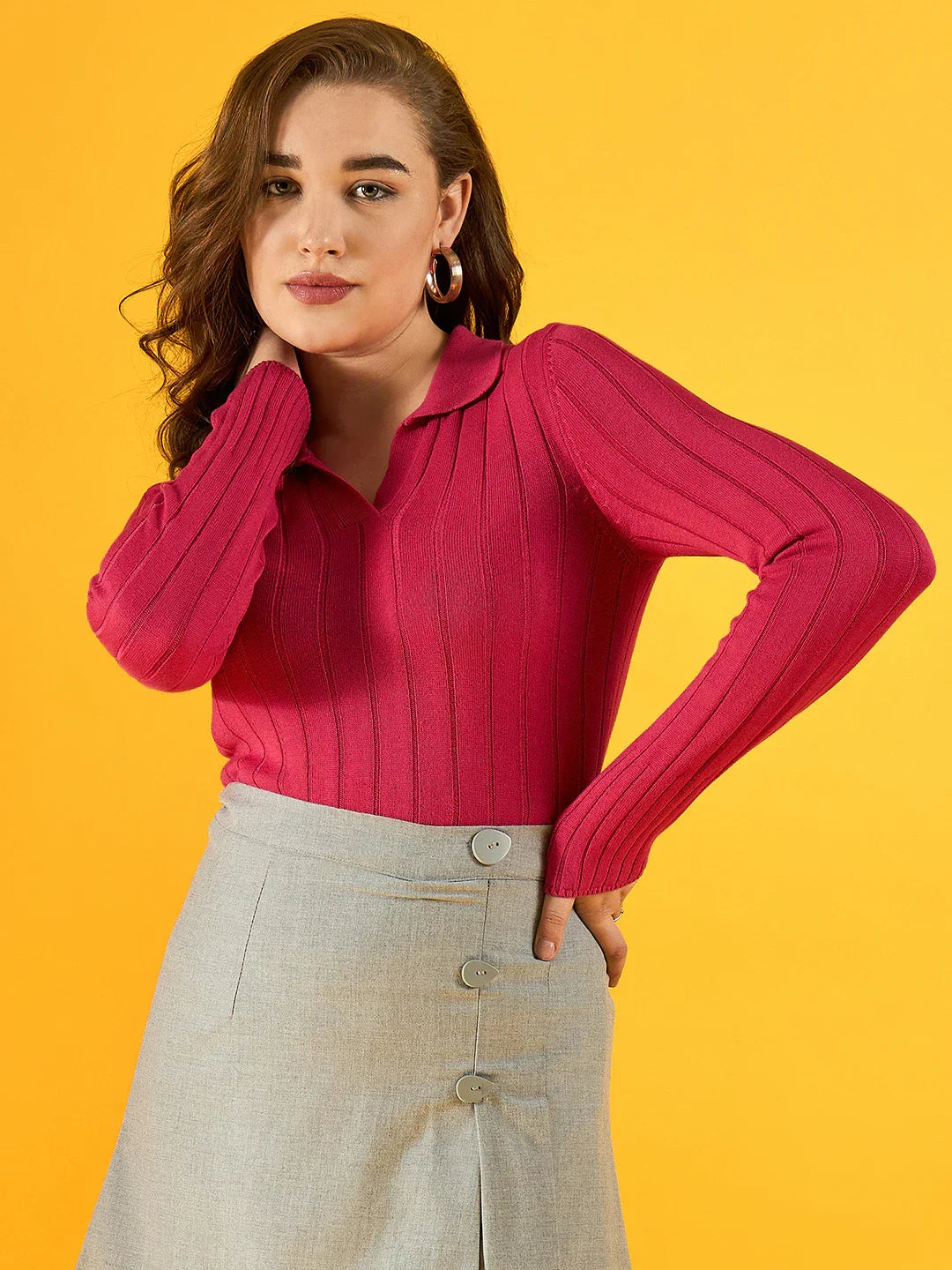 Women’s Fuchsia Ribbed Collar Neck Sweater – Chic Slim Fit Winter Knitwear India
