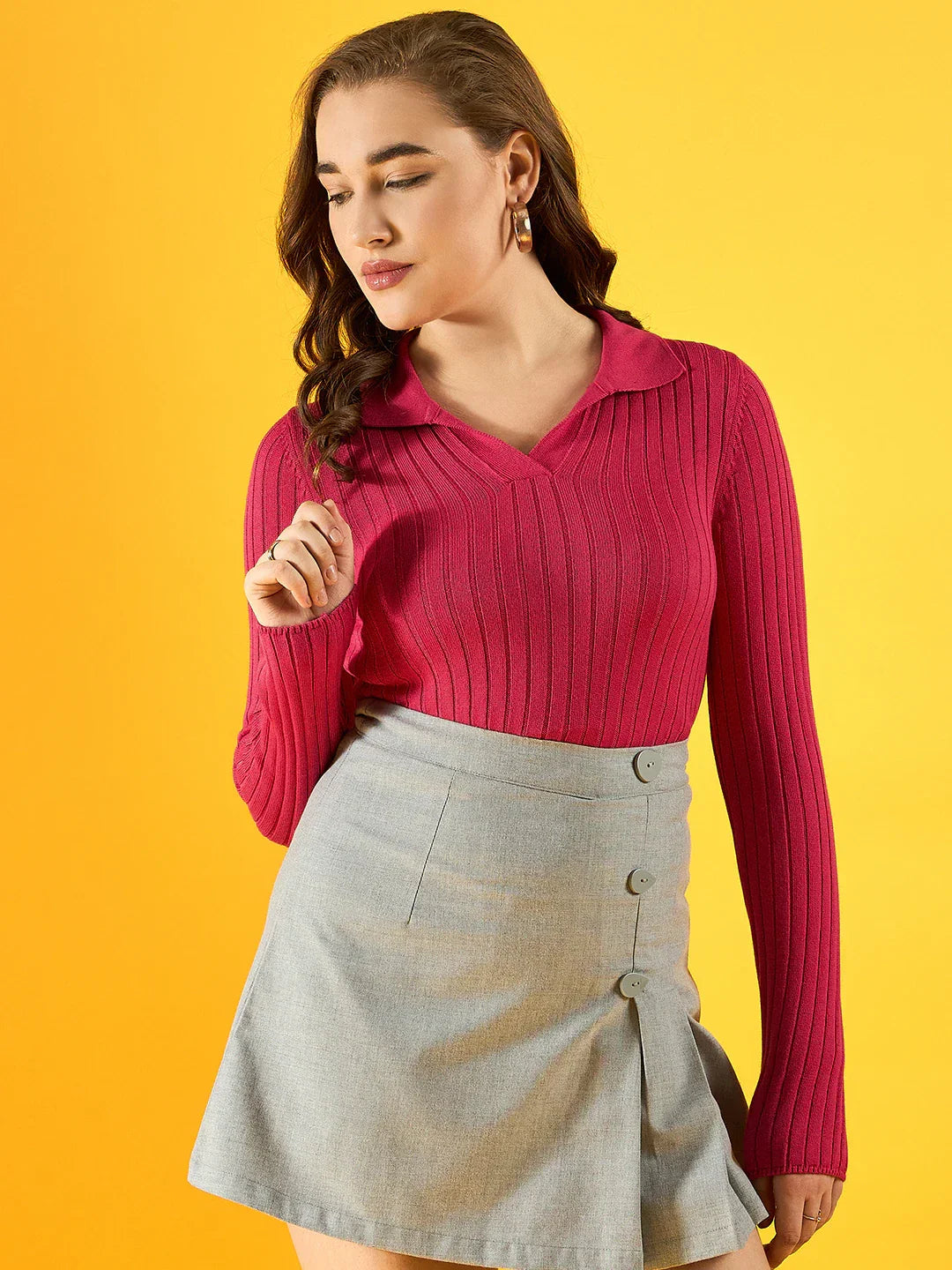 Women’s Fuchsia Ribbed Collar Neck Sweater – Trendy Winter Knit Top India