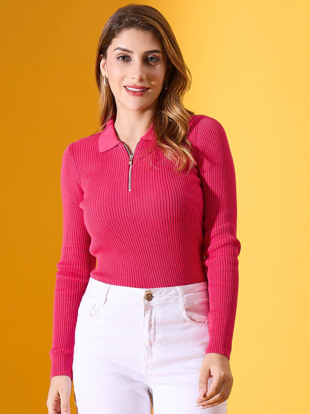 Woman wears 98degreenorth Fuchsia Ribbed Collar Zipper Sweater—slim fit knitwear styled for everyday bold fashion.