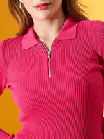 Woman in 98degreenorth Women's Fuchsia Ribbed Collar Zipper Sweater, slim fit knitwear, against a yellow background.