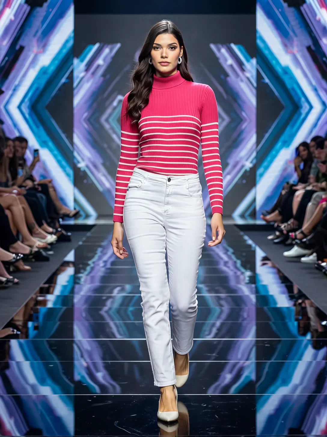 A model wears 98degreenorth’s Women’s Fuchsia Ribbed Knit Turtleneck Sweater on a runway with a geometric backdrop.