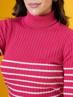 Woman in a 98degreenorth fuchsia ribbed knit turtleneck sweater, standing against a yellow background.