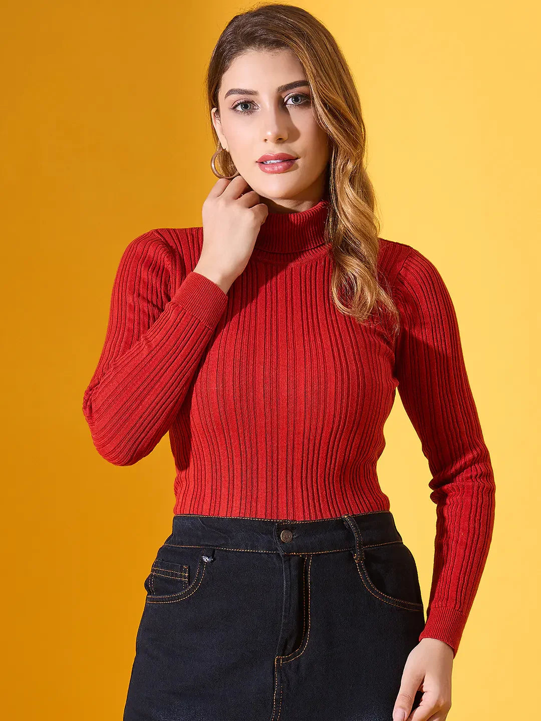 Women’s Ginger Ribbed Turtleneck Stretchable Sweater – Trendy Slim Fit High Neck Pullover – Warm Winter Outfit for Indian Fashion