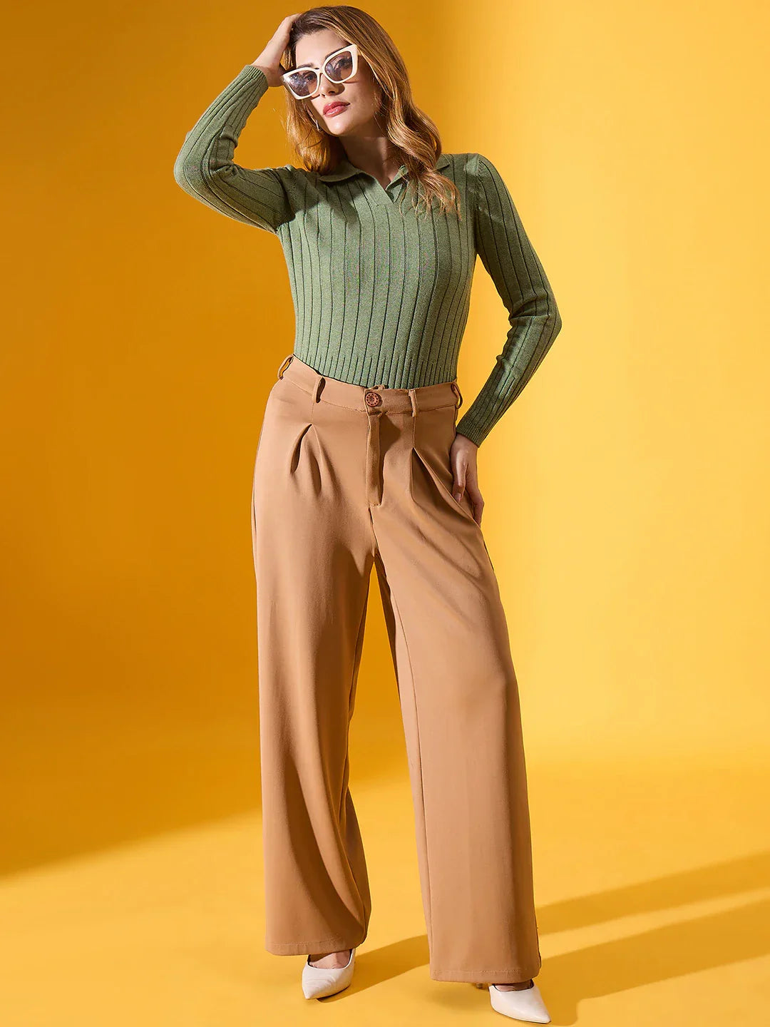 Women’s Green Melange Ribbed Collar Neck Sweater – Casual Winter Knit Top for Women in India
