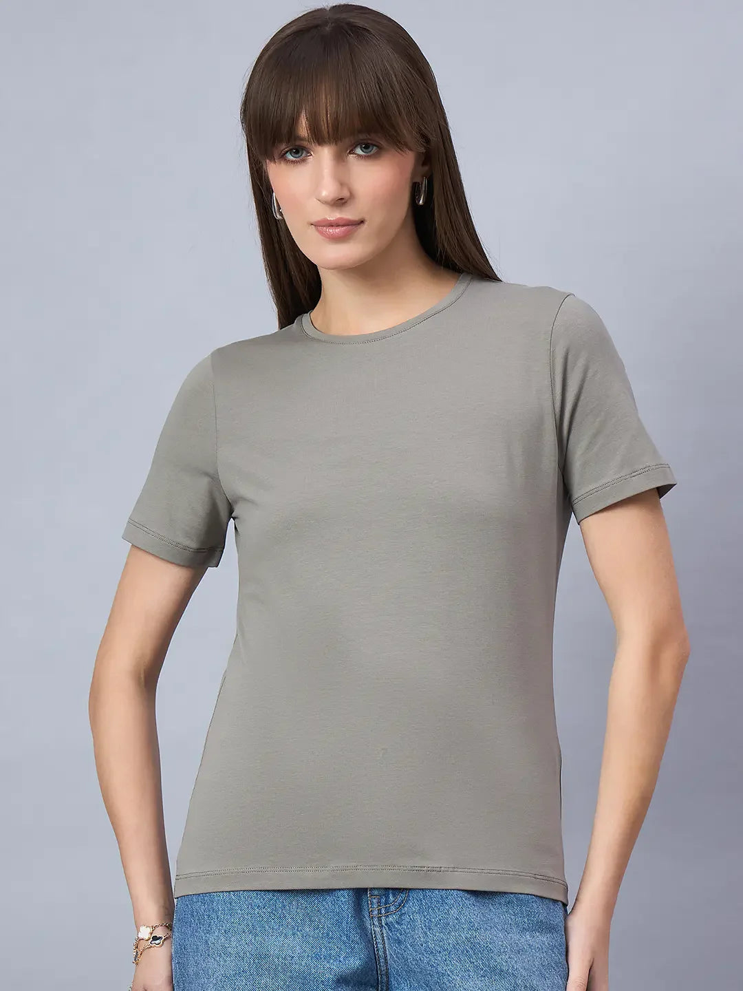 Women’s Grey Round Neck Short Sleeve T-Shirt – Minimalist Casual Everyday Wear for Women India