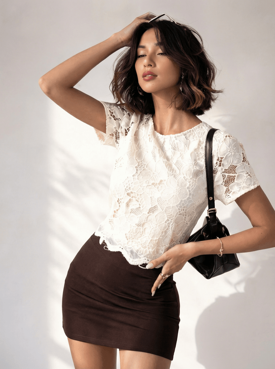 Woman wears 98degreenorth's beige floral lace overlay crop top and dark brown skirt, holding a black bag.