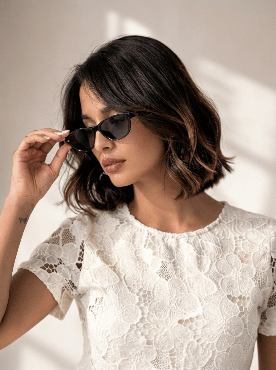 Woman in a 98degreenorth Women's Lace Overlay Crop Top - Beige, dark sunglasses, short wavy hair, soft natural light.