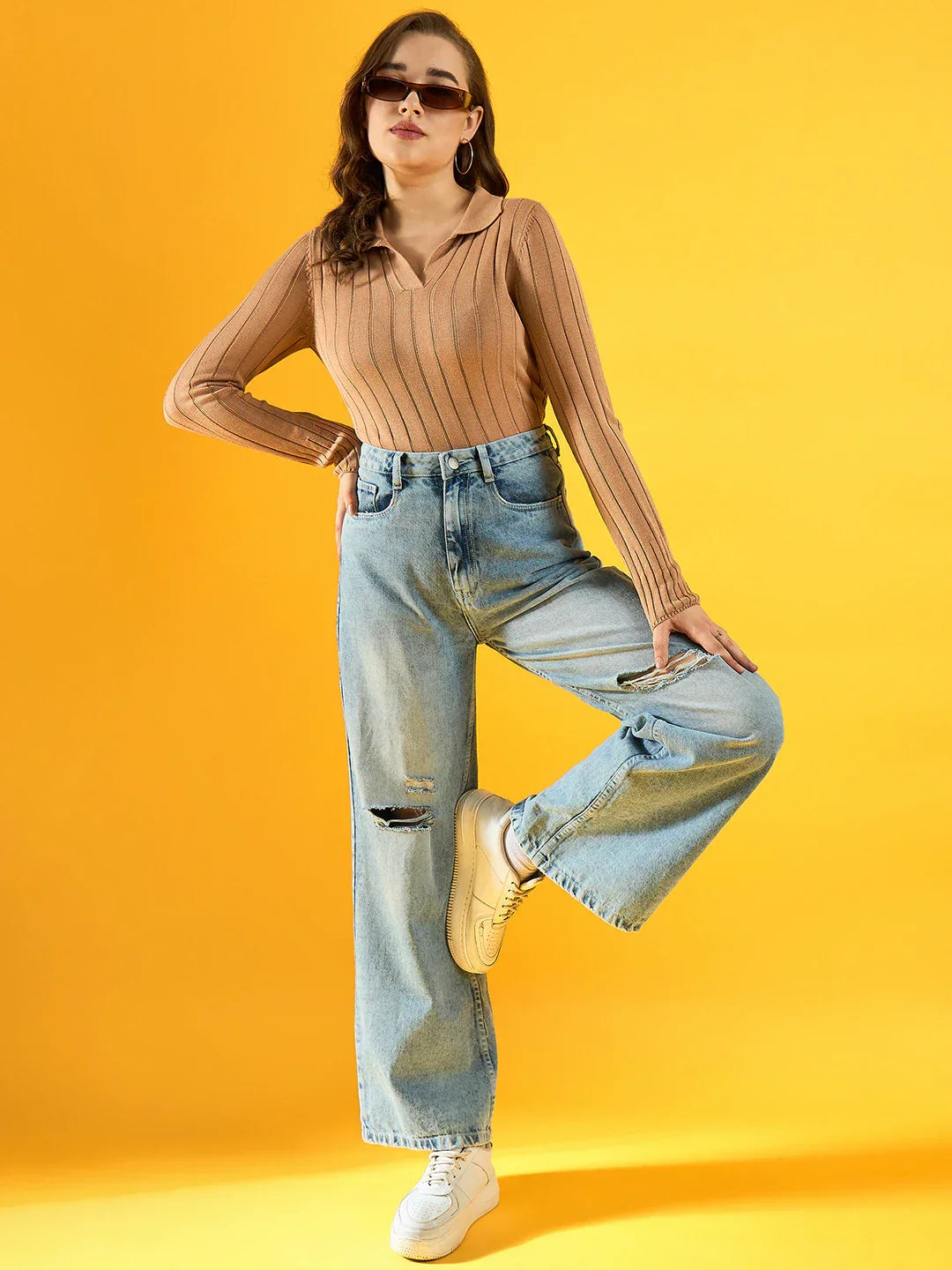 Women’s Light Camel Ribbed Collar Neck Sweater – Stylish Slim Fit Knit Top Winter Fashion India