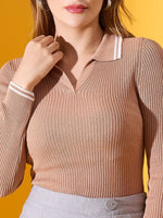 98degreenorth Women’s Light Camel Ribbed Collared Sweater—slim fit polo pullover, ideal for work, brunch, or daily wear.